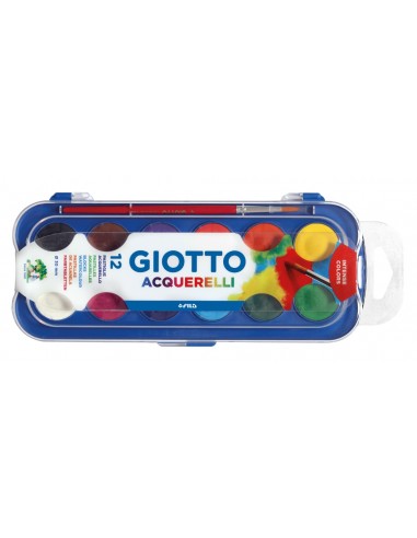 Giotto Estuche de 12 Acuarelas de 30mm-Pincel - Colores Brillantes-Intensos y Vivos - Muy Cubrientes - Colores Surtidos