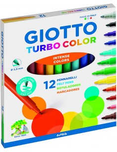 Giotto Turbo Color Pack de 12 Rotuladores - Punta Fina 2.8 mm. - Tinta al Agua - Lavable - Colores Surtidos
