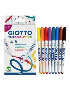 Giotto Turbo Glitter Pack de 8 Rotuladores - Punta Fina 2.8mm - Tinta al Agua - Lavable - Colores Surtidos
