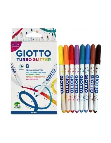 Giotto Turbo Glitter Pack de 8 Rotuladores - Punta Fina 2.8mm - Tinta al Agua - Lavable - Colores Surtidos