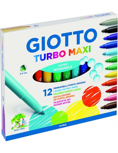 Giotto Turbo Maxi Pack de 12 Rotuladores - Punta Gruesa-5mm - Tinta al Agua - Lavable - Colores Surtidos