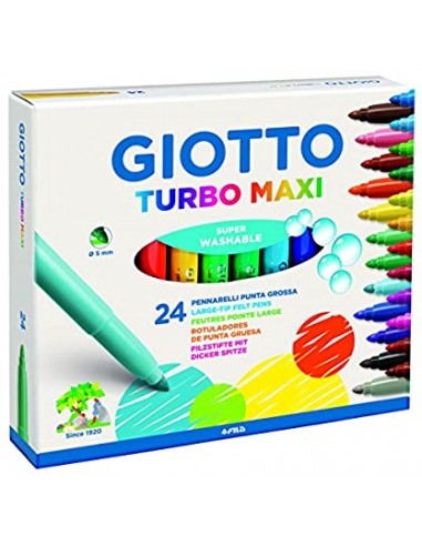 Giotto Turbo Maxi Pack de 24 Rotuladores - Punta Gruesa 5mm - Tinta al Agua - Lavable - Colores Surtidos