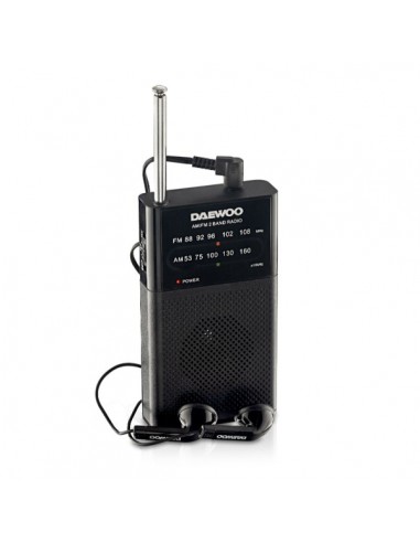 Daewoo Radio AM FM - Alimentacion a Pilas - Jack 3.5mm - Antena Telescopica - Altavoz Integrado - 130x70x28mm - Color Negro