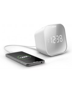 Philips Radio Reloj Despertador FM con Cargador USB - Pantalla LED con Acabado Espejo - Temporizador - Funcion de Repeticion