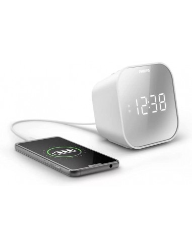 Philips Radio Reloj Despertador FM con Cargador USB - Pantalla LED con Acabado Espejo - Temporizador - Funcion de Repeticion