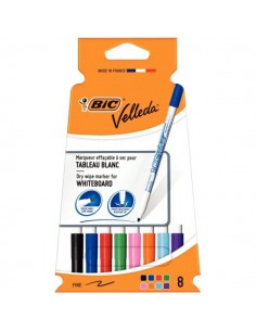Bic Velleda 1721 Pack con 8 Rotuladores para Pizarra - Punta Fina - Trazo de 1.5mm - Borrado Optimo - Colores Surtidos