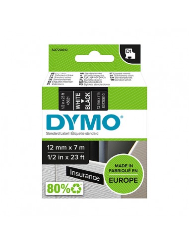 Dymo LM D1 45021 Cinta de Etiquetas Original para Rotuladora - Texto Blanco sobre Fondo Negro - Ancho 12mm x Largo 7m