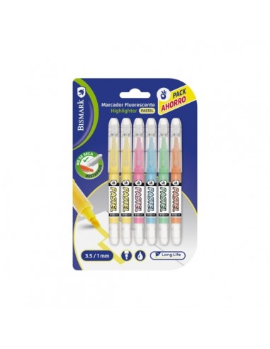 Bismark Long-Life Pack de 6 Marcadores Fluorescentes Pastel - Tinta Liquida - Punta Biselada - Ideal para Subrayar y Resaltar