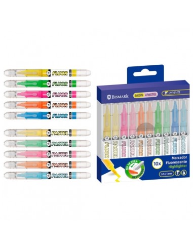 Bismark Long-Life Pack de 10 Marcadores Fluorescentes - 5x Neon y 5x Pastel - Tinta Liquida - Punta Biselada - Ideal para