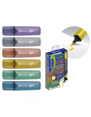 Bismark Pack de 6 Marcadores Fluorescentes Glitter Metalizados - Tinta de Secado Rapido - Punta Biselada - Ideal para