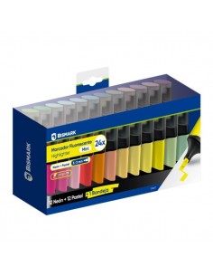Bismark Long-Life Set de Mesa con 24 Mini Marcadores Fluorescentes - 12x Neon y 12x Pastel - Tinta de Secado Rapido - Punta