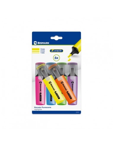 Bismark Long-Life Pack de 6 Marcadores Fluorescentes Neon - Tinta de Secado Rapido - Punta Biselada - Ideal para Subrayar y