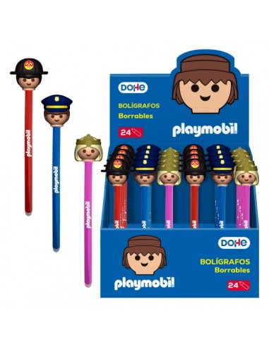 Dohe Playmobil Expositor de 24 Boligrafos Borrables - Punta 1mm-Trazo 0.5mm - Decorados Playmobil Policia-Bombero y