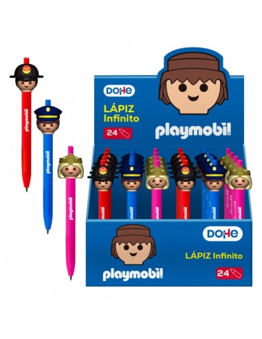 Dohe Playmobil Expositor con 24 Lapices Infinitos - Grip de Caucho - Se Borra Facilmente - Decorados Playmobil Policia