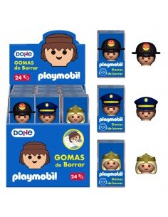 Dohe Playmobil Expositor de 24 Gomas de Borrar - Fabricadas en PVC - Decoradas Playmobil Policia-Bombero y Princesa