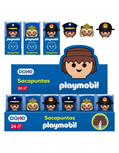 Dohe Playmobil Expositor con 24 Sacapuntas de 1 Orificio y Cuchilla de Acero - Decorados Playmobil Policia-Bombero y Princesa