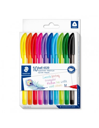 Staedtler Ball 4320 M Pack con 10 Boligrafos Punta de Bola 1mm - Escritura Suave - Cuerpo Triangular - Colores Surtidos