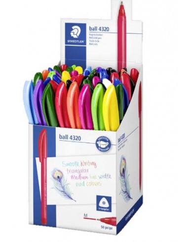 Staedtler Ball 4320 M Expositor con 50 Boligrafos Punta de Bola 1mm - Escritura Suave - Cuerpo Triangular - Colores Surtidos