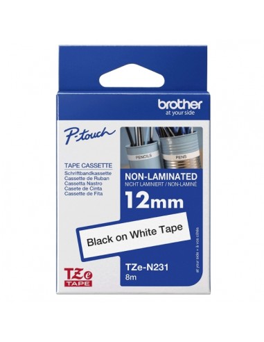 Brother TZEN231 Cinta No Laminada Original - Texto Negro sobre Fondo Blanco - Ancho 12mm x 8 metros