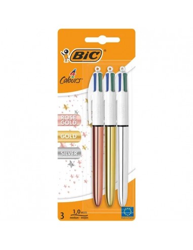 Bic 4 Colours Pack de 3 Boligrafos de Bola Retractil - Punta de 1mm - Trazo de 0.4mm - Tinta con Base de Aceite - Cuerpo Oro