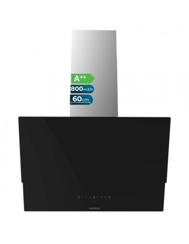 Cecotec Bolero Flux DT 608001 Glass Black A-Campana Extractora de 60cm - 210W - Succion 800m3 h - Luz LED - Pantalla LED -
