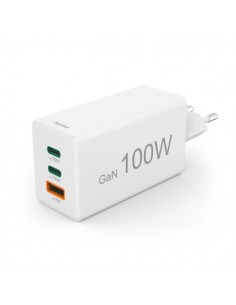 Hama Cargador de Pared - Potencia 100W - 2x USB-C - USB-A - Power Delivery - Qualcomm - GaN - Color Blanco