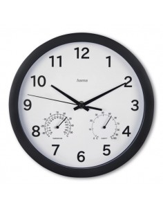 Hama Malta Reloj de Pared Analogico - Termometro - Higrometro - Silencioso - Funciona con 1 Pila AA - 25x4cm - Color Negro