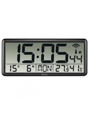 Hama Jumbo Reloj de Pared Digital - Termometro - Higrometro - Zona Horaria Ajustable - Radio - 36x16x3cm - Color Negro