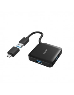 Hama Essential Hub USB 3.2 - Cable USB-A Integrado de 15cm - Adapatador USB-C - 4x USB-A - Color Negro