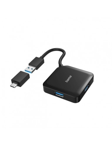 Hama Essential Hub USB 3.2 - Cable USB-A Integrado de 15cm - Adapatador USB-C - 4x USB-A - Color Negro