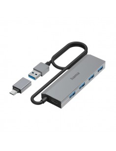 Hama Essential Hub USB 3.2 - Cable USB-A Integrado de 1m - Adapatador USB-C - 4x USB-A - Color Gris