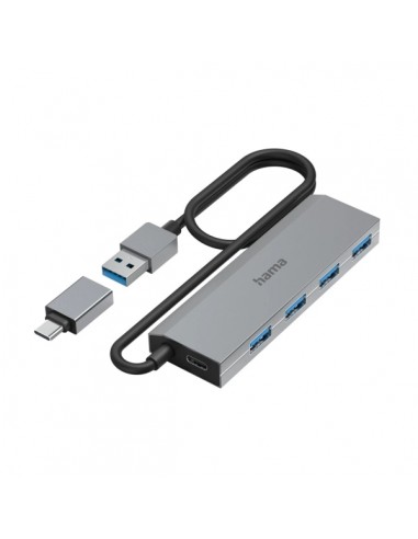 Hama Essential Hub USB 3.2 - Cable USB-A Integrado de 1m - Adapatador USB-C - 4x USB-A - Color Gris
