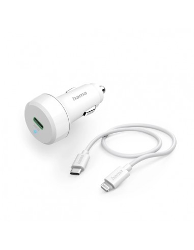 Hama Cargador de Coche 20W - Cable Lightning de 1m - Pantalla LED - Power Delivery - Color Blanco