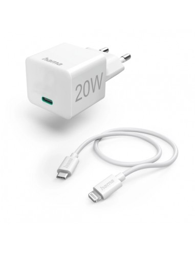 Hama Cargador de Pared - Potencia 20W - USB-C Hembra - Cable de 1m USB-C Macho a Lightning Macho - Power Delivery - Color