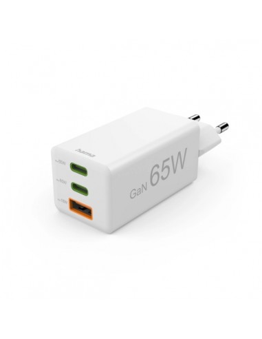 Hama Cargador de Pared - Potencia 65W - 2x USB-C - USB-A - Power Delivery - Qualcomm - GaN - Color Blanco