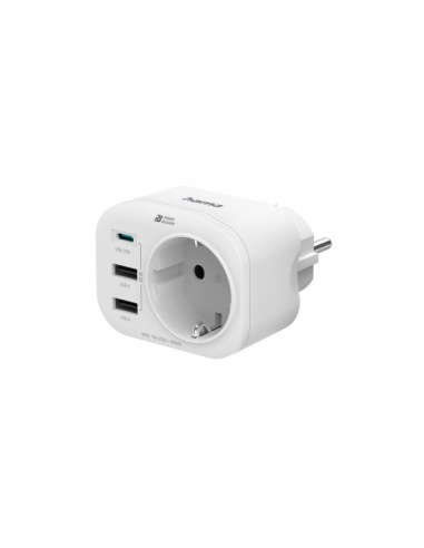 Hama Regleta de Pared con 4 Tomas - 1x Schuko - 2x USB-A - 1x USB-C - Potencia USB de 20W - Color Blanco