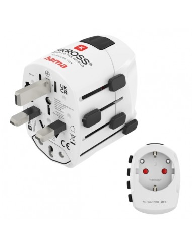 Hama World Travel Pro Adaptador de Viaje Universal - Potencia hasta 1750W - Voltaje 100-250V - Color Blanco