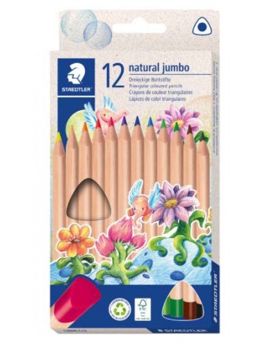 Staedtler Noris Natural Jumbo Pack con 12 Lapices de Colores Triangulares - Mina de 4mm - Madera Certificada FSC - Cuerpo de