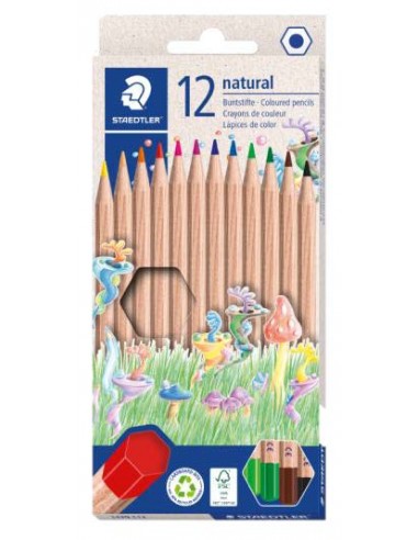 Staedtler Noris Natural Pack con 12 Lapices de Colores Hexagonales - Madera Certificada FSC - Cuerpo de Color Madera Natural