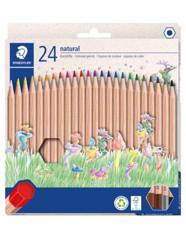 Staedtler Noris Natural Pack con 24 Lapices de Colores Hexagonales - Madera Certificada FSC - Cuerpo de Color Madera Natural
