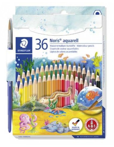 Staedtler Noris Aquarell Pack de 36 Lapices Hexagonales de Colores-Pincel - Refuerzo de Mina para Mayor Resistencia a la