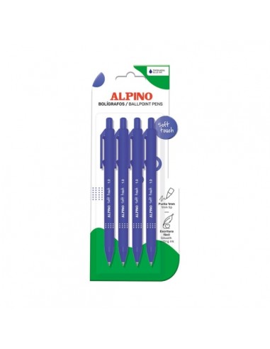 Alpino Soft Touch Pack con 4 Boligrafos Retractiles - Punta 1mm - Tacto Suave - Tinta Azul - Color Azul