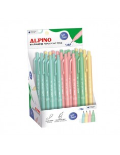 Alpino Soft Touch Pastel Expositor con 24 Boligrafos Retractiles - Punta 1mm - Tacto Suave - Tinta Azul - Colores Pastel