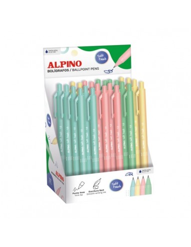 Alpino Soft Touch Pastel Expositor con 24 Boligrafos Retractiles - Punta 1mm - Tacto Suave - Tinta Azul - Colores Pastel
