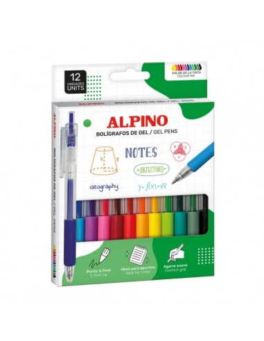 Alpino Line Gel Pack con 12 Boligrafos Retractiles de Tinta Gel - Punta 0.7mm - Grip de Agarre - Colores Surtidos