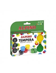 Alpino Pack con 6 Botes de Tempera 16ml-Pincel - Supercubriente y Lavable - Colores Surtidos