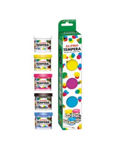 Alpino Pack con 5 Botes de Tempera 40ml-Pincel - Supercubriente y Lavable - Colores Surtidos