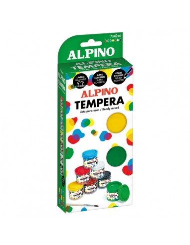 Alpino Pack con 7 Botes de Tempera 40ml-Pincel - Supercubriente y Lavable - Colores Surtidos