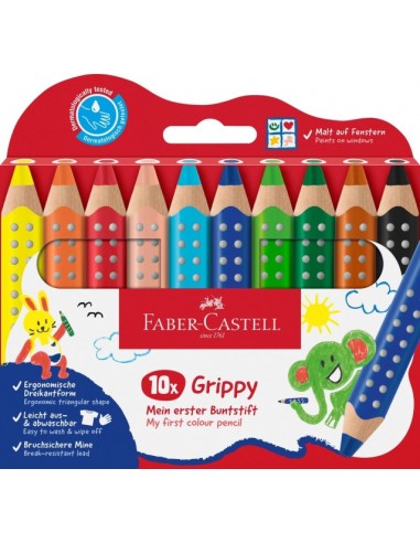 Faber-Castell Grippy Pack con 10 Lapices de Colores Gruesos Mina XXL Suave - Forma Triangular con Grip - Colores Surtidos
