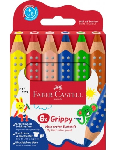 Faber-Castell Grippy Pack con 6 Lapices de Colores Gruesos Mina XXL Suave - Forma Triangular con Grip - Colores Surtidos